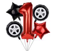 5uds Globos Cumpleaños Auto Carreras, Set Decoración Cumpleaños con Globo Número Pista 96cm Globos Papel Aluminio en Forma Llanta y Estrella Suministros Fiesta Tema Auto Rojo Negro Niños (1)