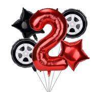 5uds Globos Cumpleaños Auto Carreras, Set Decoración Cumpleaños con Globo Número Pista 96cm Globos Papel Aluminio en Forma Llanta y Estrella Suministros Fiesta Tema Auto Rojo Negro Niños (2)