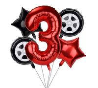 5uds Globos Cumpleaños Auto Carreras, Set Decoración Cumpleaños con Globo Número Pista 96cm Globos Papel Aluminio en Forma Llanta y Estrella Suministros Fiesta Tema Auto Rojo Negro Niños (3)