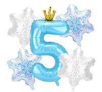 5uds Globos Nieve Fiestas Cumpleaños, Número Azul y 4uds Globos Copos Nieve Decoraciones y Recuerdos para Fiestas Cumpleaños con Temática Princesa Azul País Maravillas Invernal(Número 5)