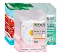 5x Garnier SkinActive Máscara en Tela Hydra Bomb Hidratante Energizante con Granada + 5x Hydra Bomb Calmante con Manzanilla + 5x Hydra Bomb Matificante con Té Verde - 15 Máscaras Faciales