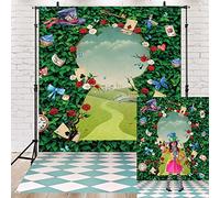 5x7ft Wonderland Telón de Fondo para Fiesta de té Hojas Verdes Rosa país de Las Maravillas Fondo de fotografía Sombrero mágico decoración de Tablero de ajedrez Accesorio cumpleaños para niñas y niños