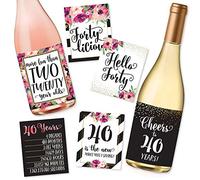6 40th Birthday Wine Bottle Labels or Stickers Present, 1981 Bday Milestone Gifts For Her Women, Cheers to 40 Years, Funny Fortylicious Pink Black Gold Party Decorations For Friend, Wife, Girl, Mom