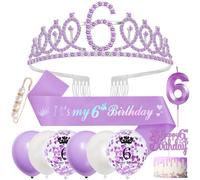 6 Años Decoración Cumpleaños Niña 6 Cumpleaños Corona Banda, Violeta Corona Cumpleaños Sash Globos Velas Primero de la Torta para 6 Cumpleaños Niña Decoracion