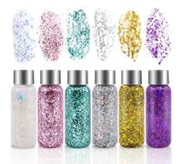 6 Botellas Purpurina Líquida para Maquillaje, Purpurina Cara Festival Gel, Body Glitter Gel, Brillante para Cosméticos, Pelo, Labios, Uñas, Fiesta (Blanco/Oro/Plata/Rosa/verde/Púrpura)