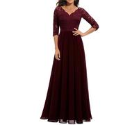 6 Colores y 4 códigos Nuevo Vestido Europeo y Americano Empalme de Encaje Vestido Elegante de Cintura Larga-Mangas Tres Cuartos Borgoña-XL