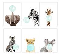 6 Cuadros Infantiles Animales con Chicle Azul Elefante Cebra Jirafa Laminas Habitacion Niña Poster Bebe Pared Impresion en Lienzo Niño Regalo 21 x 30 cm sin Marco