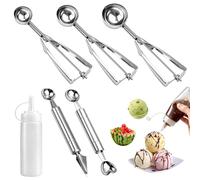6 cucharas de helado de acero inoxidable, juego de 3 moldes de bolas de hielo de 4/5/6 cm con disparador, cuchara para bolas de hielo, cortador de galletas, cortador de bolas en forma de corazón