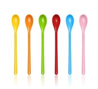 6 Cucharas de Mango Largo, Plásticas, Coloridas, para Café y Huevos