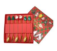 6 cucharas de Navidad de acero inoxidable para el hogar, tenedores de cena de Navidad, café, té, postre, vajilla creativa, regalo de vacaciones, suministros para amigos y familiares (rojo, A)