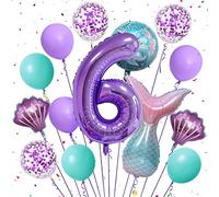 6 Cumpleaños Globos de Sirena Grande Morado Globo Número 6 Año Sirena Globos de Confeti Concha de Niña Decoración de Cumpleaños