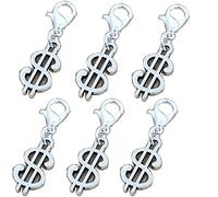 6 dijes de dinero, tirador de cremallera con signo de dólar, dije de clip de dólar, dije de dólar, marcador de punto de símbolo de dólar, Plata antigua., 21x12mm