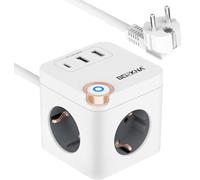 6 en 1 Cubo Regleta Enchufe con USB, 4 Tomas 2 USB y 1 USB C Puertos, Ladron Enchufes Multiple con Interruptor, Alargadera Electrica Protección contra Sobretensiones para Hogar, Oficina 2M Cable