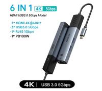 (6 en 1 (HDMI RJ45) 10 Gbps Hub USB C 4K 60 Hz Tipo C a HDMI USB 3.1 RJ45 PD 100 W Adaptador, Adaptador
