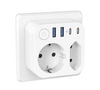 6 en 1 - Regleta de pared con 4 USB (2 tipo-C), adaptador de corriente 2 tomas con interruptor eléctrico, ideal para escritorio, color blanco