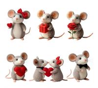 6 figuras de ratón de fieltro para el día de San Valentín, hechas a mano, color gris, con una rosa o un corazón, bonita decoración del hogar, regalo para ella/él, aniversario, decoración romántica de