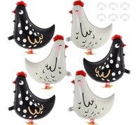 6 globos de pollo para caminar con 6 rollos de cinta, globos de papel de aluminio, gallo Airwalker, decoración para fiestas, fiestas, helio para fiestas en la granja (negro y blanco)