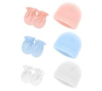 6 gorras y guantes para recién nacidos, bonitos gorros y calcetines de algodón para niños y niñas de 0 a 6 meses (rosa, azul claro, blanco), azul