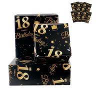 6 hojas de papel de regalo de cumpleaños número 18, 70 x 50 cm, papel de regalo de feliz cumpleaños negro y dorado, decoraciones de regalos de cumpleaños número 18 para niños y niñas, reciclables, 18