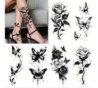 6 Hojas de Tatuajes Temporales para Mujer con y Diseños Florales - Adhesivos Impermeables y de Larga Duración para Brazos, Piernas y Cuerpo con Diseños de Rosas y Mariposas