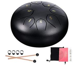 6 Inch Steel Tongue Drum Percussion Instrument D Major 8 Sounds with 2 Drumsticks 4 Finger Cover Carrying Bag and Sticker, for Yoga Zazen Meditation (Golden)