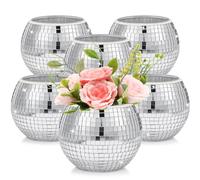 6 jarrones de Bola de Discoteca, con Espejo, Bola de Discoteca, jarrón de Cristal, portavelas de Cristal, para centros de Mesa de Boda, Dormitorio, Cocina, Oficina, decoración de cumpleaños (Plata, 3
