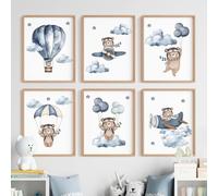 6 Laminas Infantiles Azul 21X30CM Cuadros Animales Habitacion Bebe Oso Globos Nube Poster Pared Niño Lienzo Infantil Azul Laminas Animales Bebé Cuadros Decoracion Dormitorios Niños sin Marco