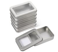 6 latas de metal con tapa, caja de almacenamiento rectangular de metal, con tapa, caja de metal con ventana transparente, caja de metal pequeña con tapa transparente (plateada)