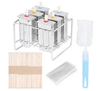 6 - Molde de acero inoxidable para hacer helados, set de moldes para barras de hielo DIY con rejilla y cepillo de limpieza, incluye 60 palitos y 20 bolsas para preparar en casa