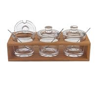 6 Mouth Blown Crystal Jam Set With 3 Glass Jars And Spoons On A Wood Stand