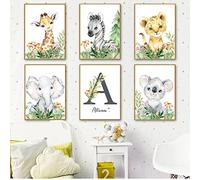 6 Nombre Personalizadas Infantiles Cuadro Sobre Lienzo Animales Safari Laminas Jirafa Cebra León Elefante Koala Habitación Bebé Impresiones de Pared Decoración Niño Dormitorios 21 x 30 cm sin Marco