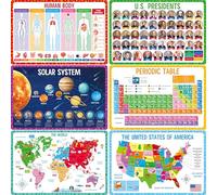 6 Pack de Manteles para Niños, Antideslizantes, Lavables y Reutilizables, Universo, Tabla Periódica, Presidentes de EE. UU., Cuerpo Humano, Mapa de EE. UU. y Mapa Mundial, Manteles Educativos