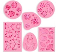 6 Pack Fondant Molds, Mini Flower Mold Butterfly Molds Leaf Mold, Rose Clay Molds Pink Polymer Clay Molds, Non-stick Silicone Molds for Cake Decoratin