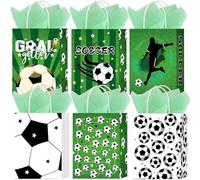 6 Pack Gift Bags, Bolsas de papel pequeñas de fútbol con asas retorcidas 22*16*8cm, Set de bolsas de regalo de cumpleaños con papel de seda para regalo para mujeres, hombres, niños, fiestas, chicos