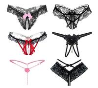 6 Packs String Ouvert Señoras con Perlas Flor Agujero Conjunto Mujer,Negro de encaje de cintura baja Sexy Tanga Ropa interior con la entrepierna abierta Tangas G-String Lencería Tangas V-String Bragas