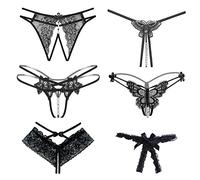 6 Packs String Ouvert Señoras con Perlas Floral Patrón Agujero Conjunto de la Mujer, Negro Bragas de Encaje Sexy Tanga Ropa Interior Con la entrepierna abierta Tangas V-G String Lencería Tangas Bragas
