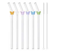 6 Pajitas Cristal Reutilizables con Cepillo de Limpieza, Material Vidrio Borosilicato No Tóxico Ecológico, Diseño de Mariposa, Adecuado para Té con Leche, Batidos, Cócteles, Jugos y Varios Vasos