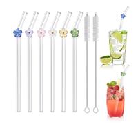 6 Pajitas Cristal Reutilizables, Largas Pajitas de Vidrio con Cepillo de Limpieza, Adecuado para Té con Leche, Batidos, Cócteles, Jugos (Flores)