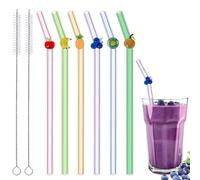 6 pajitas de vidrio con 2 cepillos de limpieza, bonitas pajitas coloridas para beber frutas, resistentes a los golpes, pajitas reutilizables para los amantes de las frutas, jugo, playa de verano