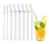 6 pajitas de vidrio con 2 cepillos de limpieza, bonitas pajitas de vidrio coloridas resistentes a los golpes, pajitas reutilizables aptas para lavavajillas para los amantes del café, batidos, batidos