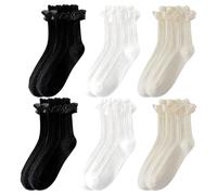 6 Pares De Calcetines De Encaje Sin Costuras, Elásticos En El Medio De La Pantorrilla, De Punto Suave Y Transpirable, De Princesa Con Volantes