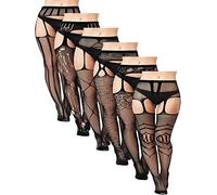 6 Pares de Medias de Rejilla de Talla Grande de Mujer Negras hasta Muslo para XL-4XL Pantimedias de Red con Tirantes Liguero