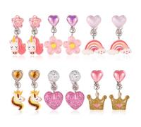 6 Pares de Pendientes Colgantes con Clip, Pendientes Sin Perforar Pendientes con Clip de Unicornio Corona de Arcoíris Flores y Corazón para Disfrazarse de Princesa Accesorios de Joyería