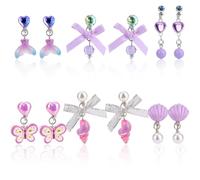 6 Pares de Pendientes con Clip para Niña, Juego de Pendientes Sin Perforaciones con Almohadillas para Las Orejas Bonito Diseño de Mariposa Conejo y Arcoíris Joyas para Niñas Regalo