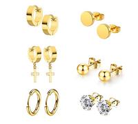 6 pares de pendientes de acero inoxidable titanio para hombre y mujer, de oro, cruz, para hombre y mujer, pendientes de aro de oro, con diamantes, pendientes de aro de oro y cruz