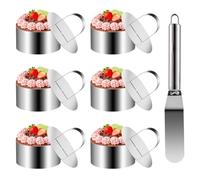 6 Pcs 7,5 cm Anillo de Pastel, Aro Emplatar, Anillo de Tarta de Acero Inox, Aros de Postre y Alimentación Redondos, Aros de Pastel, Anillos para Tartas Pasteles Mousse, con Elevador, 1 Espátula