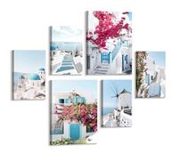 6 Pcs Azul Santorini Mar Egeo Cuadros Decoracion Marco de Madera, Moderno Griego Isla Paisaje Urbano Cuadro Pintura Lienzos Decorativos Campanario Flor Murales Para Salon Dormitorio Comedor Oficina