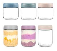 6 Pcs Botes Cocina Almacenaje, Apilable Botes de Cristal con Tapa Prueba de Fugas, Reutilizables Botes Especias con Tapa de Rosca para Cereales, Yogur, Pudín, Alimentos para Bebés, Mermelada Casera