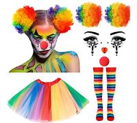 6 Pcs Clown Costume for Women Clown Wig Tutu Skirt Stripes Thin Tube Socks Face Gems Red Clown Nose for Halloween Carnival, Joker, Clown Accessories (Rainbow, Vibrant Style)