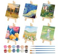 6 Pcs Lienzos para Pintar, 10x10cm Mini Lienzos Preestirados Algodón Enmarcados, Canvas para Pintar,Lienzo Blanco para Pintura Acrílica Dibujos+6 Mini Caballete de Madera, 4 Pinceles, 2 Set Pintura